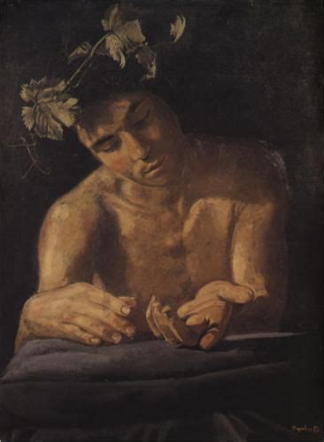 A Painting Of A Naked Man Holding A Piece Of Paper And Looking Down At It