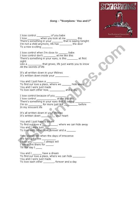 English worksheets: Lyrics You and I - Scorpions