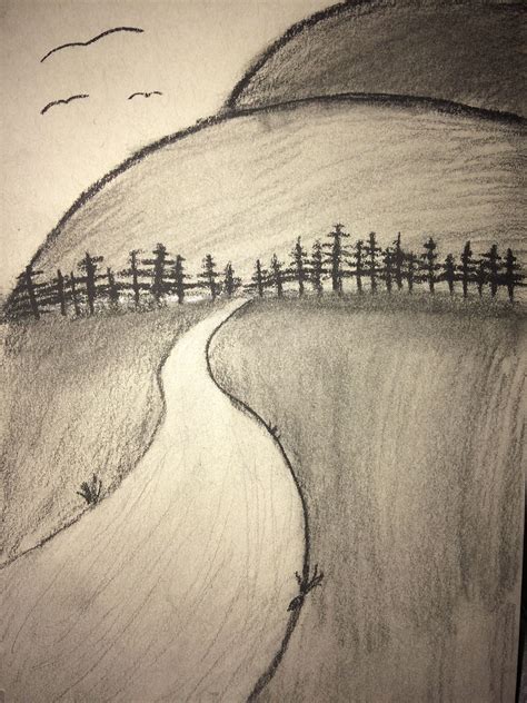 Easy Charcoal Art Drawing For Beginners Mountains With Trees And A