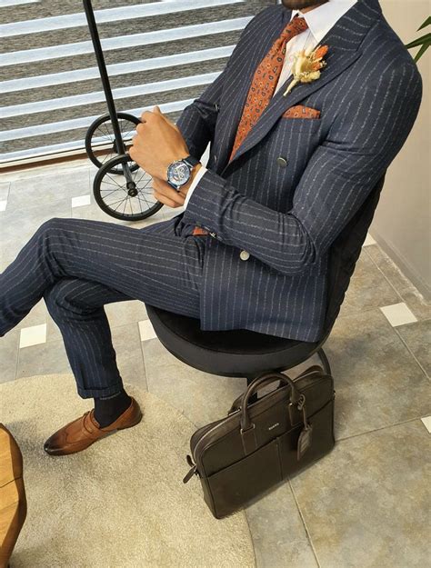 Genova Navy Blue Slim Fit Pinstripe Double Breasted Suit Freeshipping