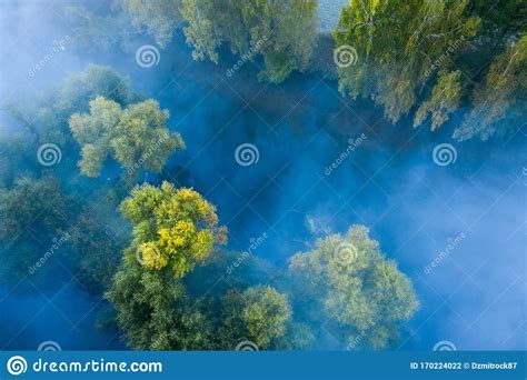 Aerial View Of Magic Landscape Of Foggy River Early Morning Stock