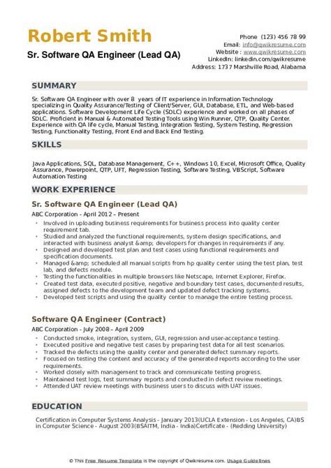 Our resume examples are written by certified resume writers and is a great representation of what hiring managers are looking for in a quality. QA Engineer Resume Samples | QwikResume