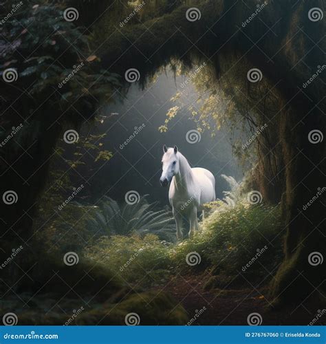 Generative Ai Illustration White Horse In An Enchanted Forest Dreamy