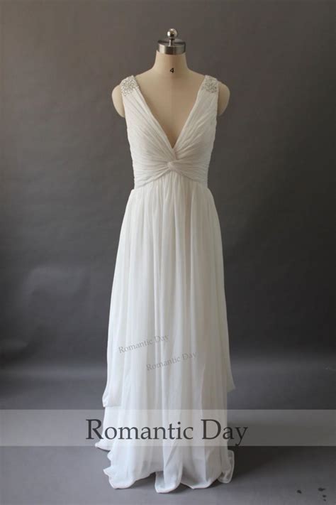 Simpleandelegant Deep V Neck White Chiffon Beach Wedding Dressesbridal