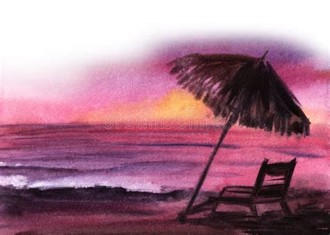 Serene Watercolor Landscape Of Lilac And Crimson Sunset At Empty Shore