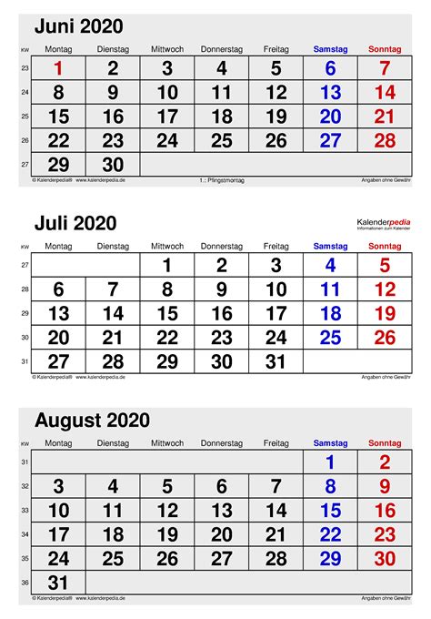 Kalender Juli 2020 Als Excel Vorlagen