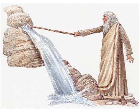 Print Of Illustration Moses Striking Rock With Rod As Water Flows In