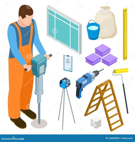 Builder And Construction Tools Isometric Vector Icons Stock Vector