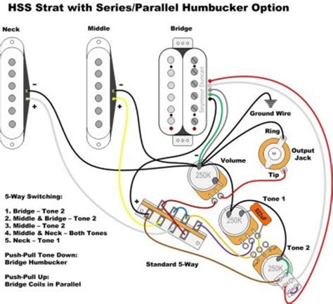 Each component should be set and connected with other parts in particular way. Help needed for HSS with series/parallel humbucker option