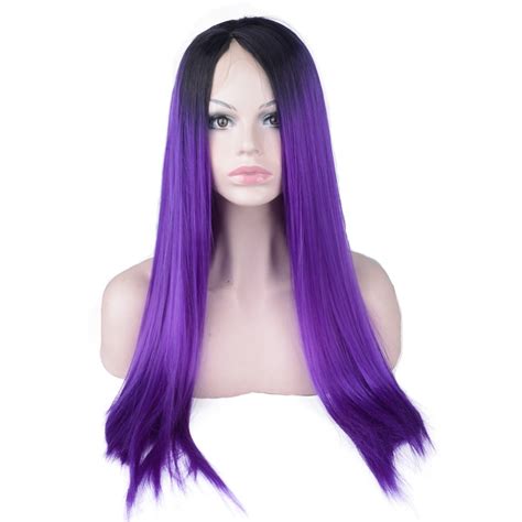 Strongbeauty Lace Front Wig Ombre Purple Long Straight Hair Synthetic