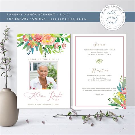 Spring Flower Funeral Announcement Template Celebration Of Etsy