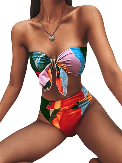 shein women s graphic swimsuit tie front bandeau and high waist panty bikini set bathing suit