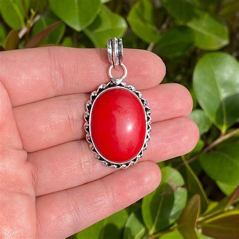 Natural Red Coral Pendant 925 Sterling Silver Vintage Style Gemstone