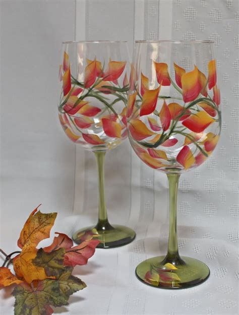 Hand Painted Wine Glasses Fall Leaves On Green Stem Glasses Etsy Hand Painted Wine Glasses