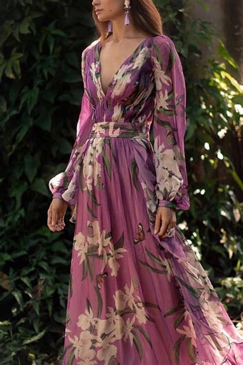 V Neck Floral Long Sleeves Maxi Dresses Immorgo Maxi Dress With
