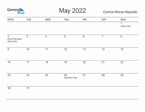 Printable May 2022 Monthly Calendar With Holidays For Central African