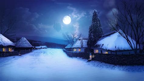 Full Moon Night In Winter Village Hd Wallpaper Background Image