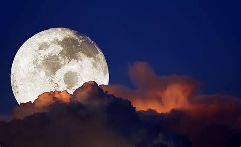 Dramatic Panorama View Of Beautiful Big Moon With Twilight Sky And