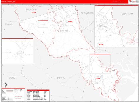 Bryan County Ga Zip Code Wall Map Red Line Style By Marketmaps