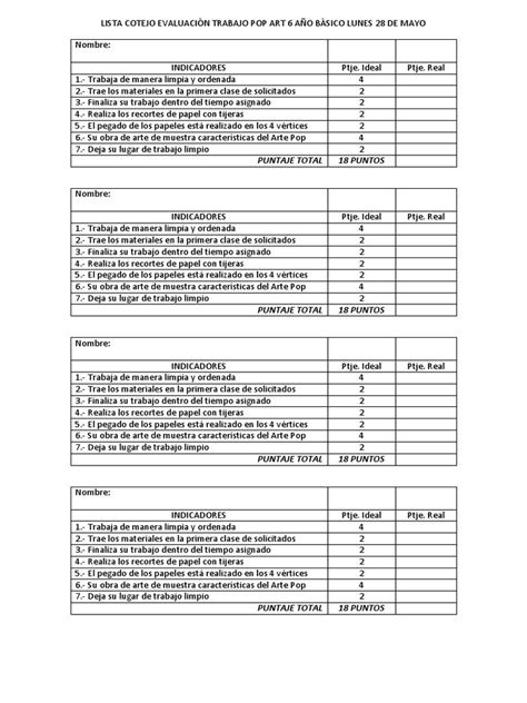 Lista Cotejo Evaluaciòn Trabajo Pop Art 6 Año Bàsico Lunes 28 De Mayo