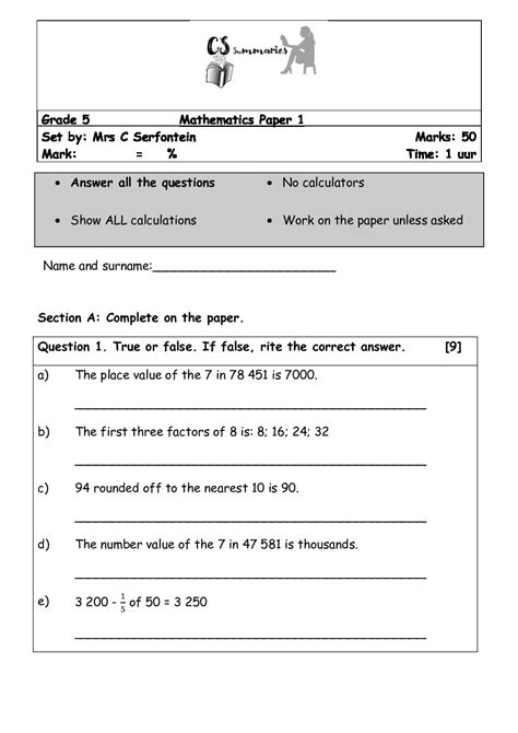 Grade 5 Mathematics Test Paper 1 Term 1 Memorandum Included Teacha