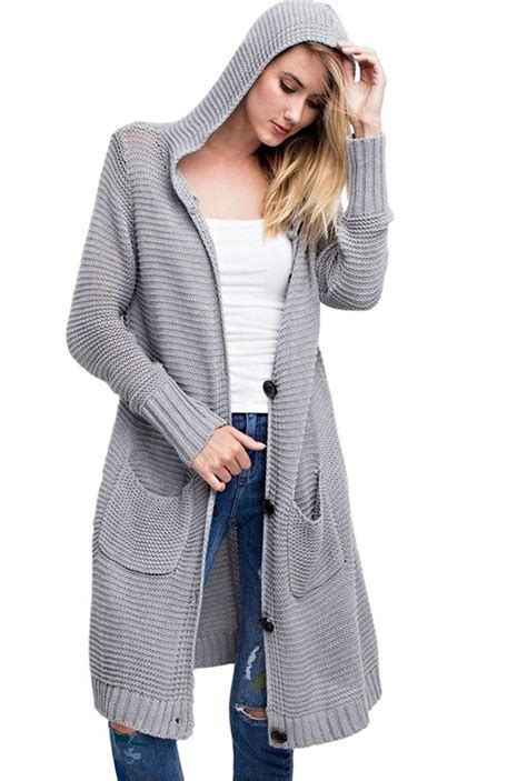 Womens Oversized Long Button Front Hooded Cardigan Sweater Heather