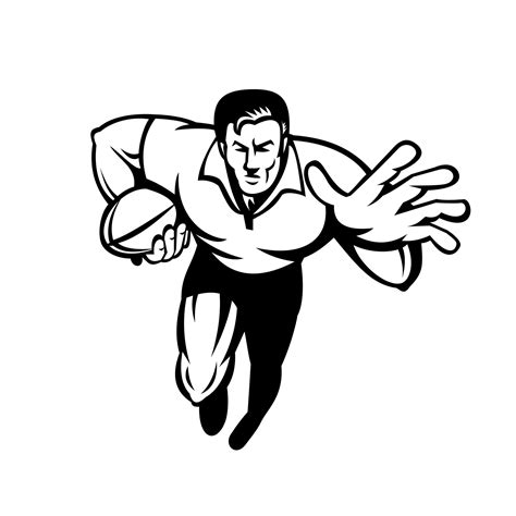 Rugby Player Running With Ball Fending Off Retro Design In Black And
