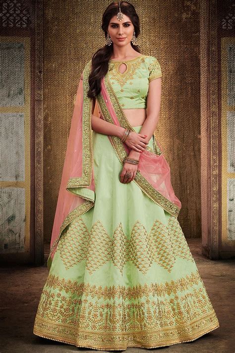 Buy Pista Green Handloom Silk Lehenga Choli With Net Dupatta Online