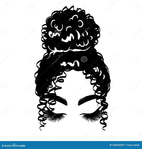 Afro Messy Hair Bun Long Black Lashes Vector Woman Silhouette With