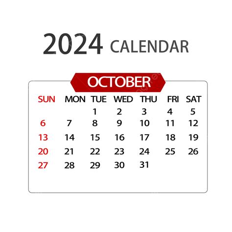 October 2024 Calendar Simple Red Calendar October Two Thousand And
