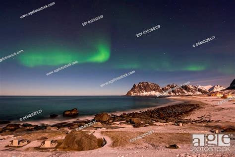 Northern Lights Over The Sea At Utakleiv Beach Lofoten Islands Norway