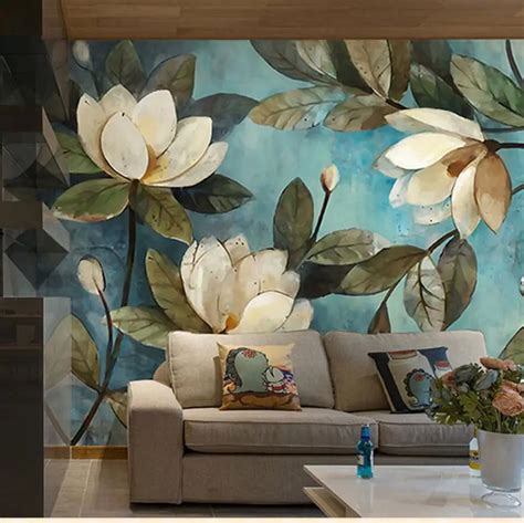 3d Magnolia Flowers Southeast Asia Style Oil Painting Wall Mural