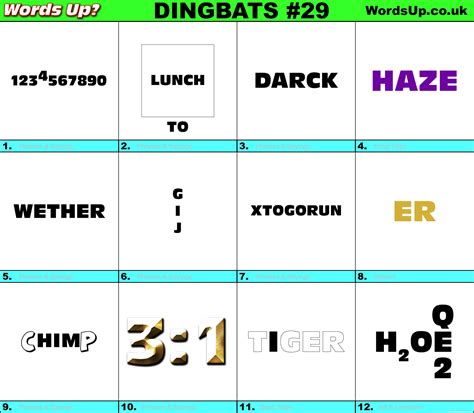 We don't provide the dingbats with answers (to prevent cheating!), but you can check your dingbat answers online with our interactive dingbats quiz. Words Up? Dingbat Puzzles #29 | Over 560 Dingbats!