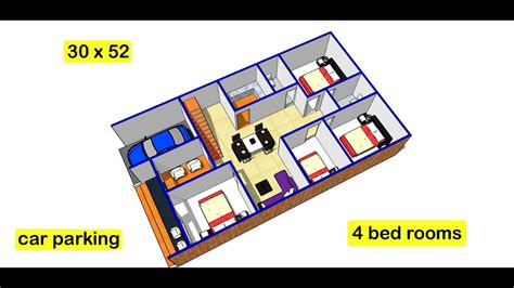 30 X 52 Sqft 4 Bed Rooms House Plan Ii 30 By 52 Ghar Ka Naksha Ii 4 Bhk