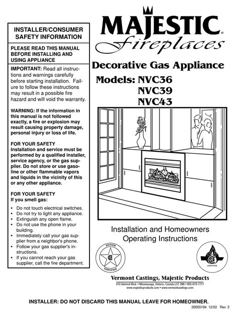 Majestic Fireplaces Nvc36 Installation And Homeowners Operating