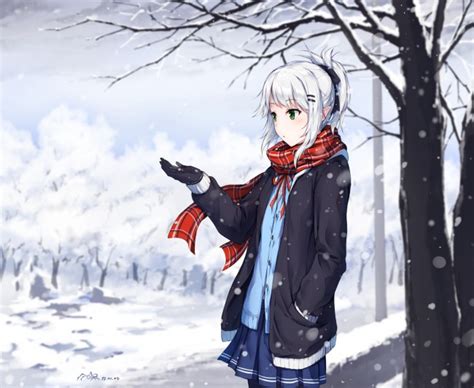 Wallpaper Winter Scarf Anime Girl Ponytail White Hair