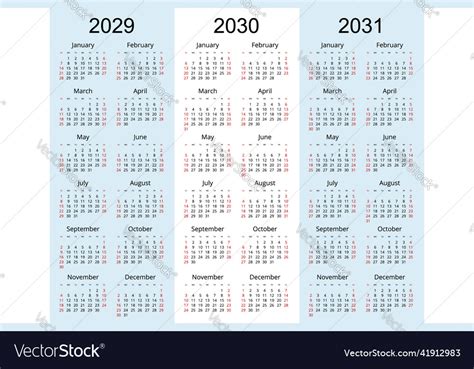 Calendar Planner 2029 2030 2031 Corporate Vector Image