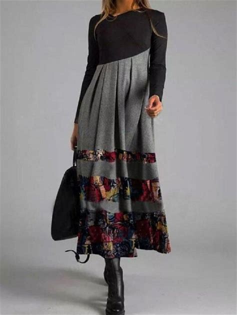 Trendy Printed Round Neck Pleated Long Sleeve Dress Womens Fashion