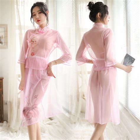 Womens Sexy Cheongsam Floral Sheer See Through Qipao Dress Lingerie