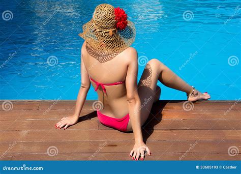 Beauty Woman Sitting On Edge Of Swimming Pool Stock Image Image Of