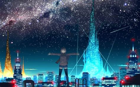 Cityscapes Stars Futuristic Skyscrapers City Lights Anime Original
