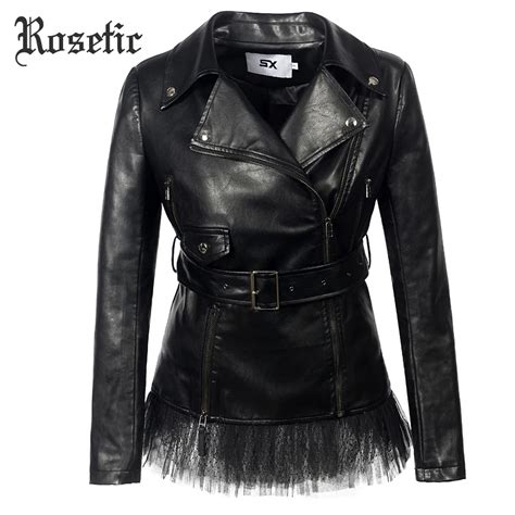 Rosetic Lace Faux Leather Pu Jacket Women Rose Winter Autumn Motorcycle