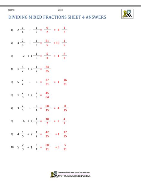 Math Dividing Fractions And Mixed Numbers Worksheets