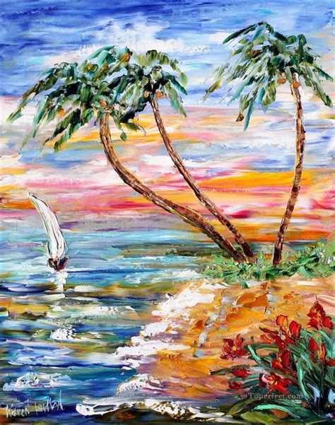 Sunset Sailing 2 Beach Painting In Oil For Sale