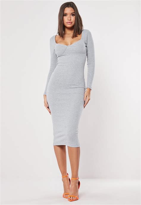 Grey Ribbed Bust Seam Bodycon Midi Dress Missguided Ireland