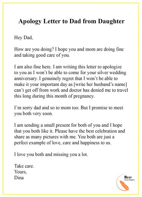 Apology Letter Template To Dad Format Sample And Example Letter