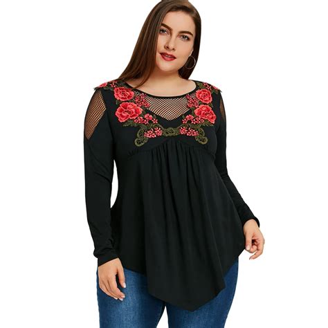Wipalo 2018 New Spring Plus Size Embroidery Fishnet Insert Babydoll Top
