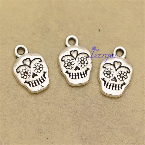30pcslot 12x12mm Antique Silver Plated Skull Head Flower Charms
