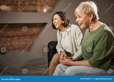 Cheerful Middle Aged Lesbian Couple Smiling Stock Image Image Of Lgbtq Empathy