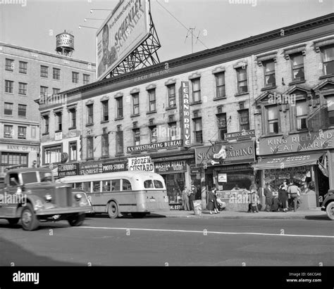 1950 main street flushing queens long island store fronts shoppers bus new york ny usa photo